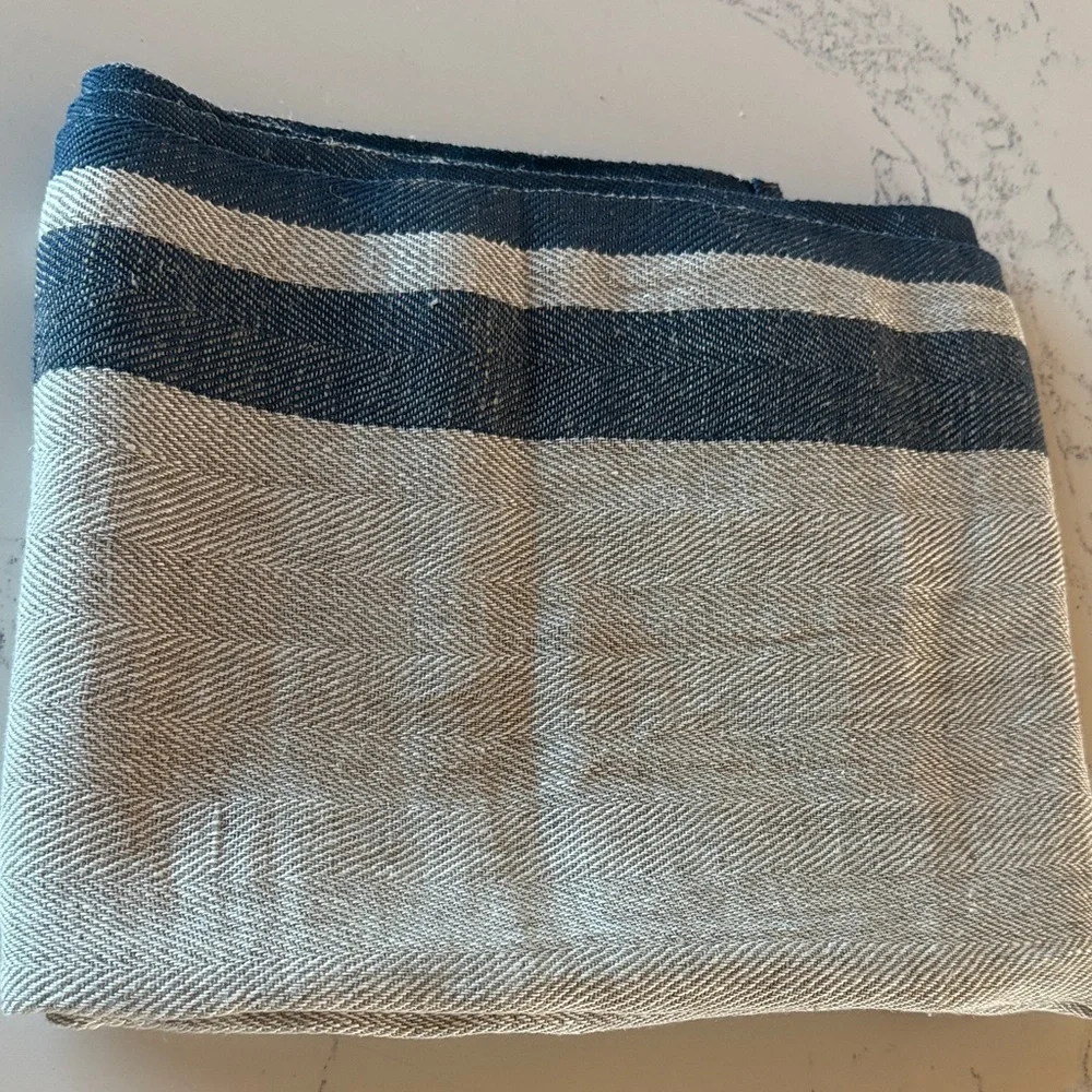 CARAVAN Gordes Natural & Blue Cotton Linen Table Runner Size 20x90  NEW